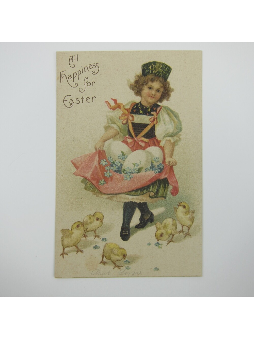 Easter Postcard Girl Pink Apron Eggs Yellow Chicks Blue Flowers Embossed Antique